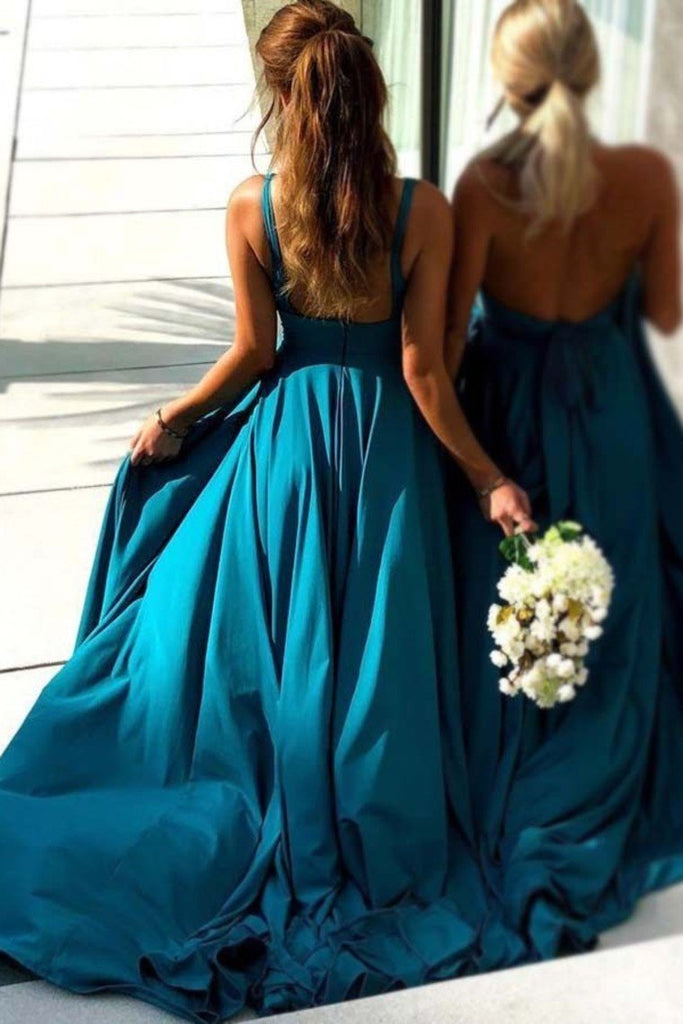 Simple Blue Long Backless Bridesmaid Dresses V Neck With