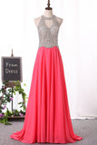 2024 Sexy Scoop-Neck A Line Prom Dresses Chiffon With Beaded Bodice Zipper Up
