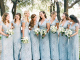 Mermaid Lace Baby Blue V Neck Bridesmaid Dresses for Wedding STB15653