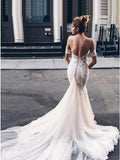 Charming Mermaid Sweetheart Backless Tulle Wedding Dresses with Lace Appliques STB15111