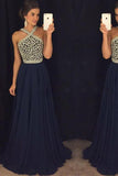 Elegant A Line Halter Dark Blue Beaded Long Chiffon Backless Long Prom Dresses