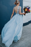 2024 Elegant Light Blue Beads Round Neck Chiffon A-Line Cap Sleeve Prom Dresses