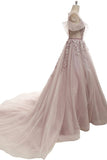 Ball Gown Prom Dresses Scoop Brush Train Appliques Fairy Dress Tulle Evening