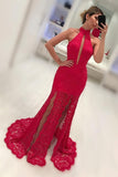 High Neck Lace Mermaid Prom Dresses With Slit Sweep