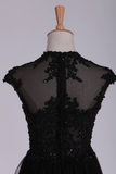 Black Prom Dresses Scoop Tulle With Beads & Applique Asymmetrical