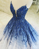 Ombre Ball Gown Royal Blue Prom Dresses With Appliques, Long V Neck Quinceanera Dresses STB15275