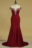 2024 Evening Dresses Mermaid Off The Shoulder Spandex With Beads And Slit