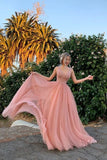 Elegant A Line Tulle Pink V Neck Beads Prom Dresses, Long Evening STB20477