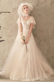 Unique Tulle Lace Long Wedding Dress Ivory Short Sleeves Lace Up Back Bridal STBPK2YQ77B