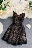 A Line Spaghetti Straps Lace V Neck Navy Blue Homecoming Dresses, Sweet 16 Dresses STB15555