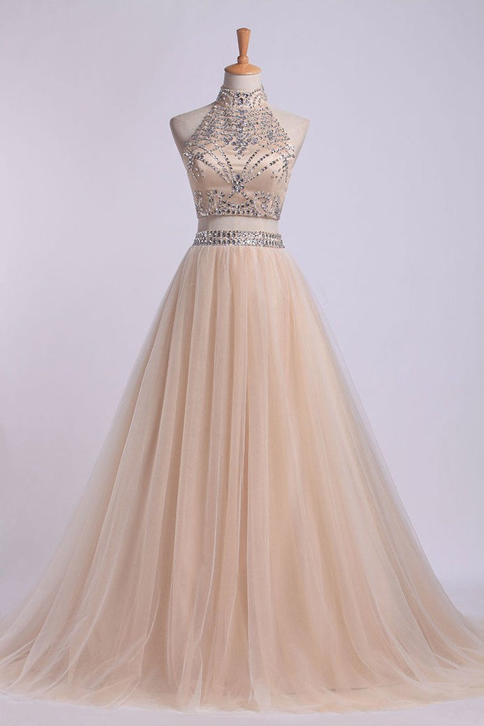 Two-Piece High Neck Prom Dresses A Line Tulle With