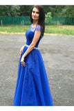 Round Neck Cap Sleeves Prom Dresses Tulle Beading Belt With