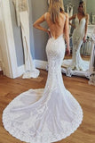 Luxurious Mermaid Lace Ivory V Neck Wedding Dresses, Backless Straps Wedding Dresses STB15522