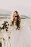 Long Sleeve Rustic Wedding Dresses Lace Appliqued Ivory Beach Wedding
