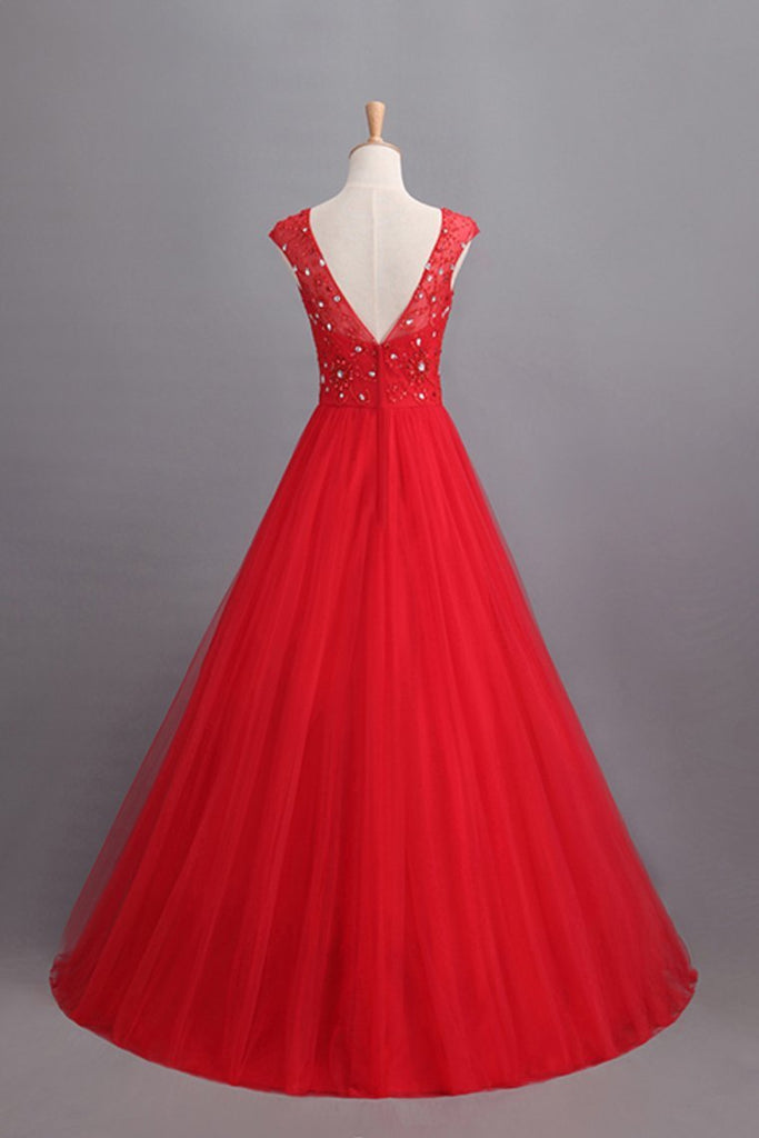 Prom Dresses A Line Scoop Long Tulle V Back Red