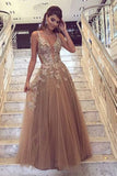 A Line Straps With Applique Prom Dresses Tulle Sweep