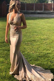 Elegant V Neck Halter Mermaid Appliques Prom Dresses with Beadding, Backless Party Dress STB15213