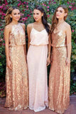 Cheap Pink Lace Sparkly Sequin Gold Mismatched Bridesmaid Dresses, Long Prom Dresses STB15129