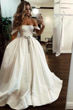 Puffy Off The Shoulder Satin Long Wedding Dresses With Pockets, Simple Bridal