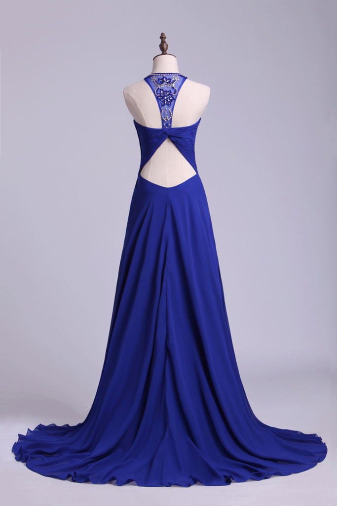 Unique Dark Royal Blue Prom Dress Scoop A Line Chiffon With