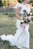 V Neck Backless Sheath White Wedding Dresses Long Simple Bridal
