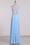 V Neck Prom Dresses A Line Backless Floor Length With Beading And
