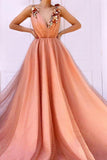 Charming Orange 3D Flowers Long Prom Dresses V-neck Tulle Cheap Evening Dresses STB15120