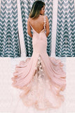 Unique Mermaid V Neck Spaghetti Straps Pink Prom Dresses, Cheap Party Dress STB15605