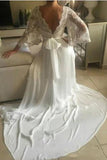 Chiffon 3/4 Length Sleeves Wedding Dresses V Neck Open Back With