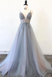 Spaghetti Straps V Neck Tulle Prom Dress With Appliques, A Line Long Formal Dress With