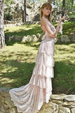 Spaghetti Tired Lace Vintage Wedding Dress with Sweep Train, Round Neck Bridal Dresses STB15425