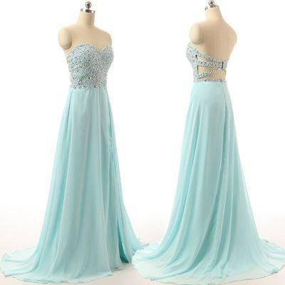 Long Charming Blue Strapless Sleeveless A-Line Sweetheart Prom Dresses