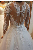 A Line Scoop Neck Wedding Dresses Chapel Train Tulle With Applique & Beading Detachable Skirt Long