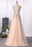 Prom Dresses Scoop Open Back A Line Tulle With Beads And