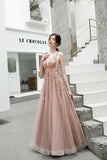 A Line V Neck Pink Beads Straps Prom Dresses Lace up, Long Dance STB15615