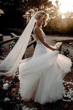 Elegant A Line V Neck Tulle Wedding Dresses with Flowers, V Back Beach Wedding Gowns STB15513