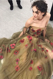 Off The Shoulder See-Through Prom Dress With Flowers