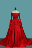 Long Sleeves Satin Ball Gown Off The Shoulder Prom Dresses With Applique Sweep