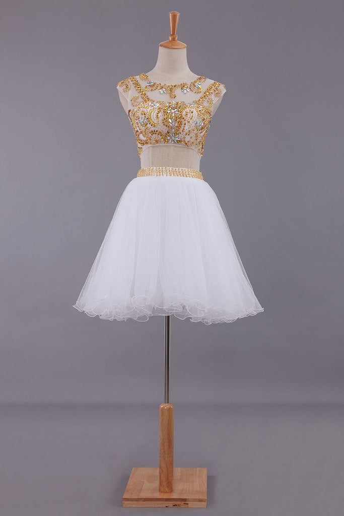 Two-Piece Scoop A Line Short/Mini Homecoming Dresses Tulle Beaded