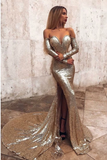Mermaid Long Split Prom Dress Gold Sequined Evening Dress With