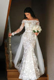Mermaid Long Sleeve Lace Appliques Off the Shoulder Detachable Train Wedding Dresses STB15262