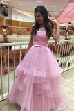 Unique Pink Tulle Long Prom Dresses, Strapless Belt Sweet 16 Dress STB15462
