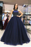 Elegant Scoop Royal Blue Ball Gown Open Back Halter Beading Tulle Prom Dresses
