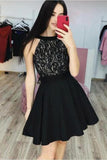 Black Lace& Chiffon Heap Homecoming Dresses, A Line Sleeveless Short Prom