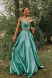 Simple A Line Two Pieces V Neck Satin Green Prom Dresses, Cheap Formal Dress STB15598