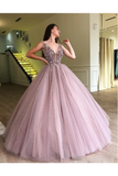 Beaded Tulle Deep Illusion V Neck Ball Gown Prom Dress Floor