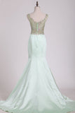 See-Through Scoop Prom Dresses Satin With Beading Sweep