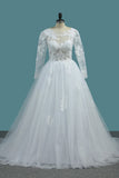 A Line Open Back Long Sleeves Scoop Wedding Dresses Tulle With