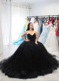 Sweetheart Tulle Ball Gown Black Formal Prom Dresses, Sleeveless Lace up Evening Dresses STB15442