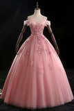 Ball Gown Off Shoulder Prom Dress With Flowers, Floor Length Applique Quinceanera